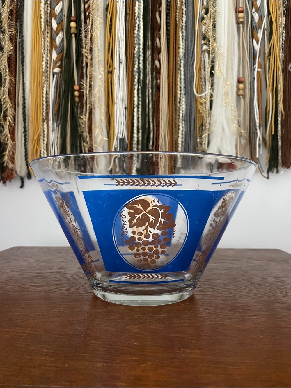 Hazel atlas glass serving bowl in blue and gold